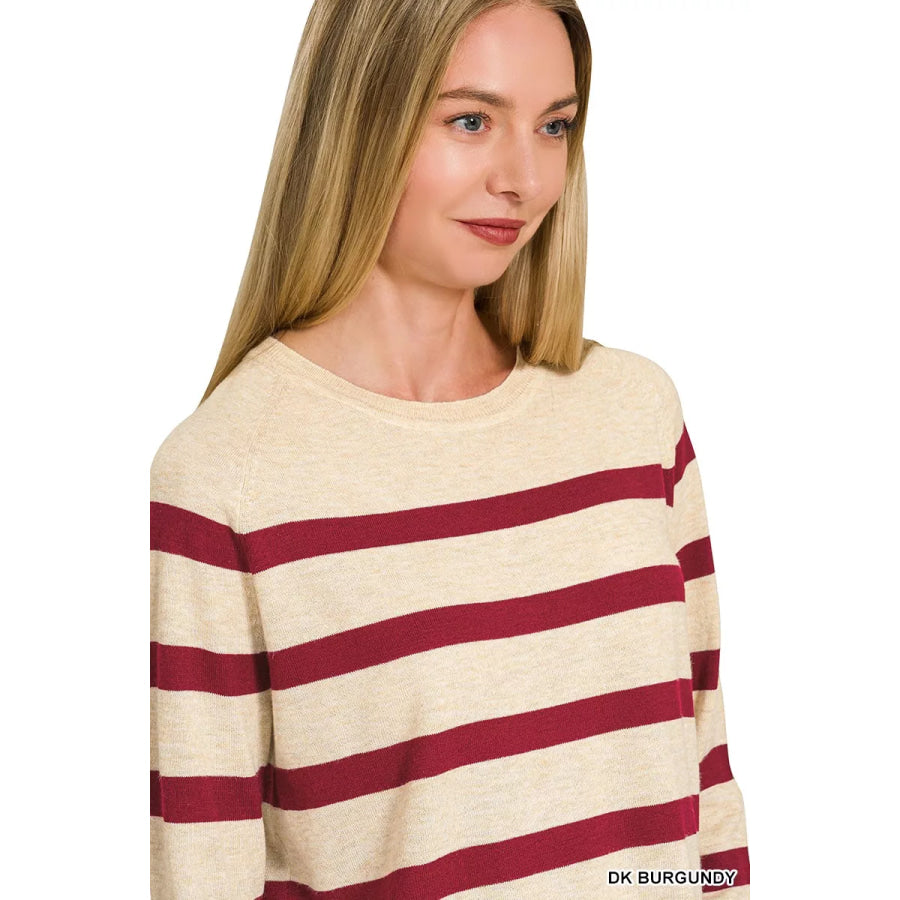 Zenana Lightweight Wool Blend Striped Round Neck Sweater Apparel and Accessories
