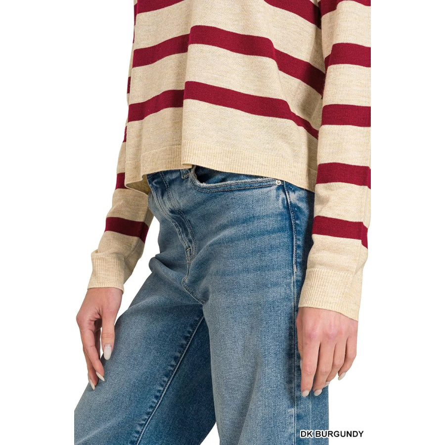 Zenana Lightweight Wool Blend Striped Round Neck Sweater Apparel and Accessories