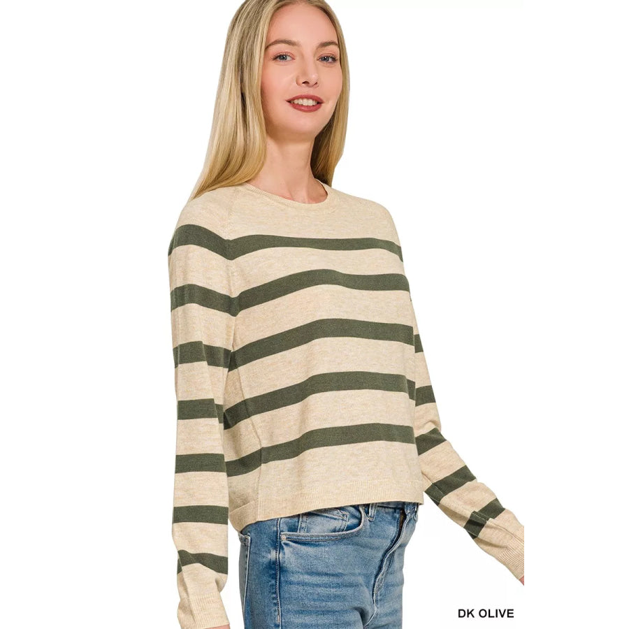 Zenana Lightweight Wool Blend Striped Round Neck Sweater Apparel and Accessories
