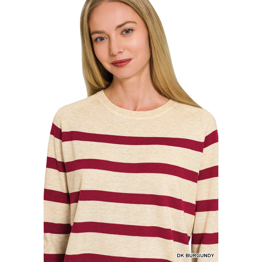 Zenana Lightweight Wool Blend Striped Round Neck Sweater Apparel and Accessories