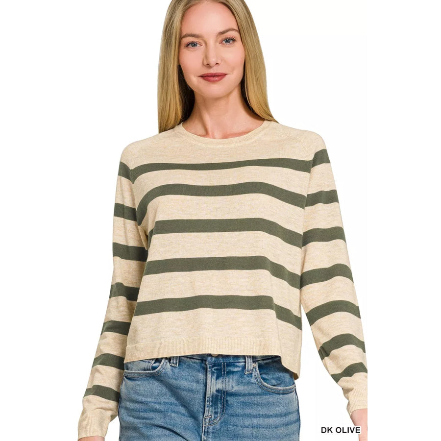 Zenana Lightweight Wool Blend Striped Round Neck Sweater DK OLIVE / S Apparel and Accessories