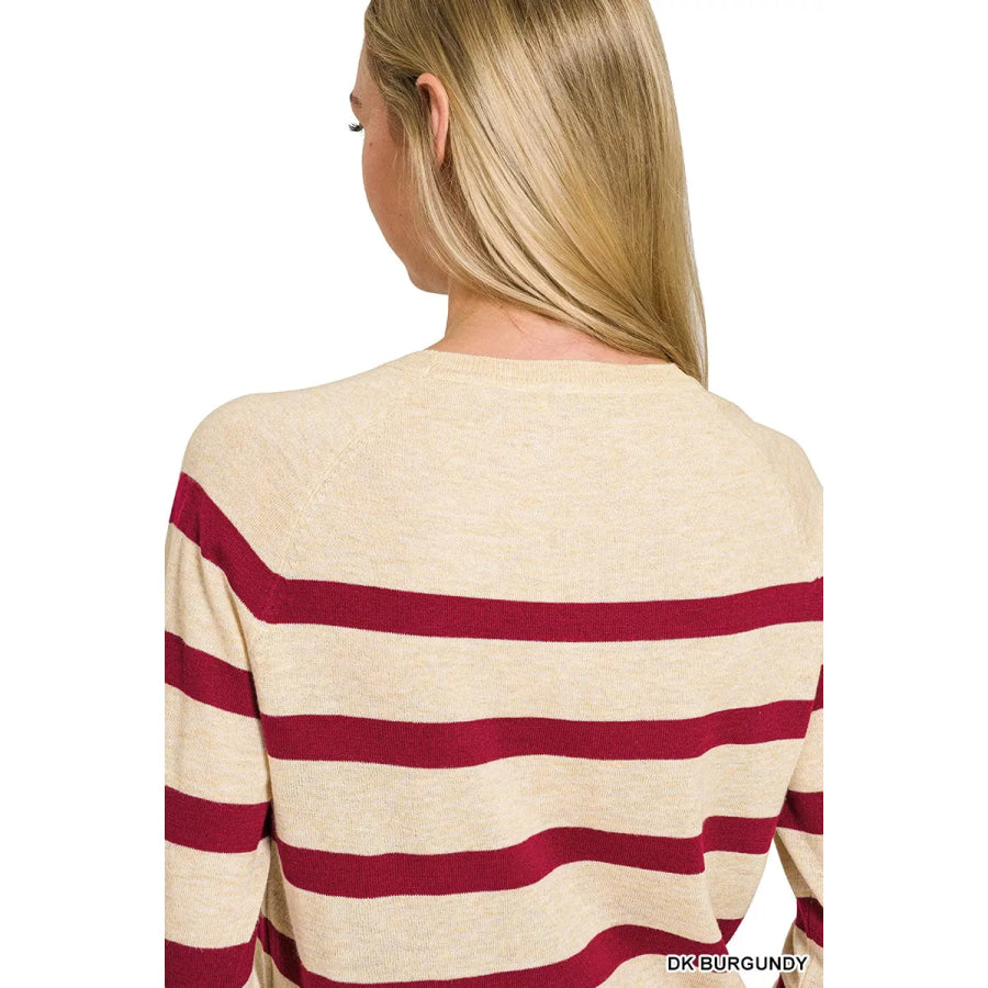 Zenana Lightweight Wool Blend Striped Round Neck Sweater Apparel and Accessories