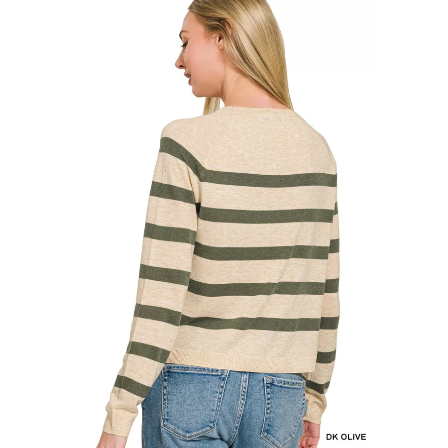 Zenana Lightweight Wool Blend Striped Round Neck Sweater Apparel and Accessories