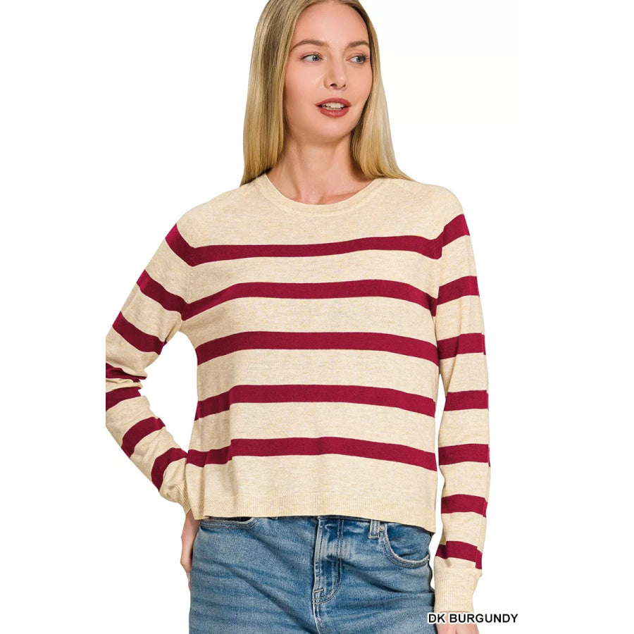 Zenana Lightweight Wool Blend Striped Round Neck Sweater DK BURGUNDY / S Apparel and Accessories