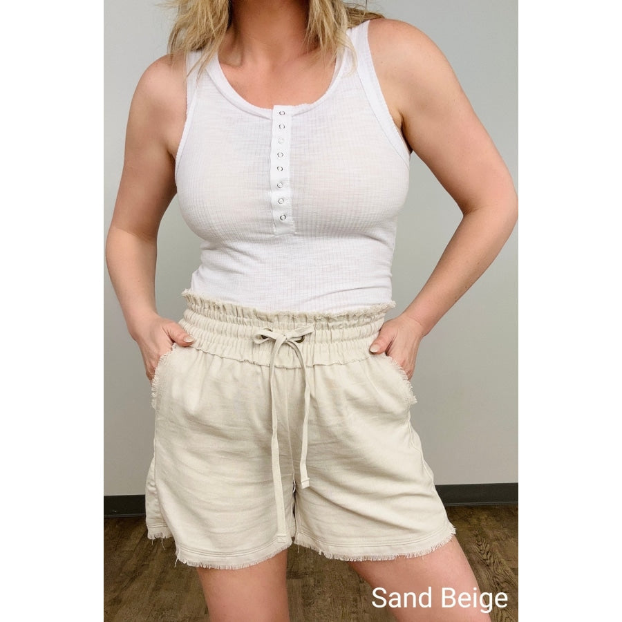 Zenana Linen Frayed Hem Drawstring Shorts With Pockets Sand Beige / S Shorts