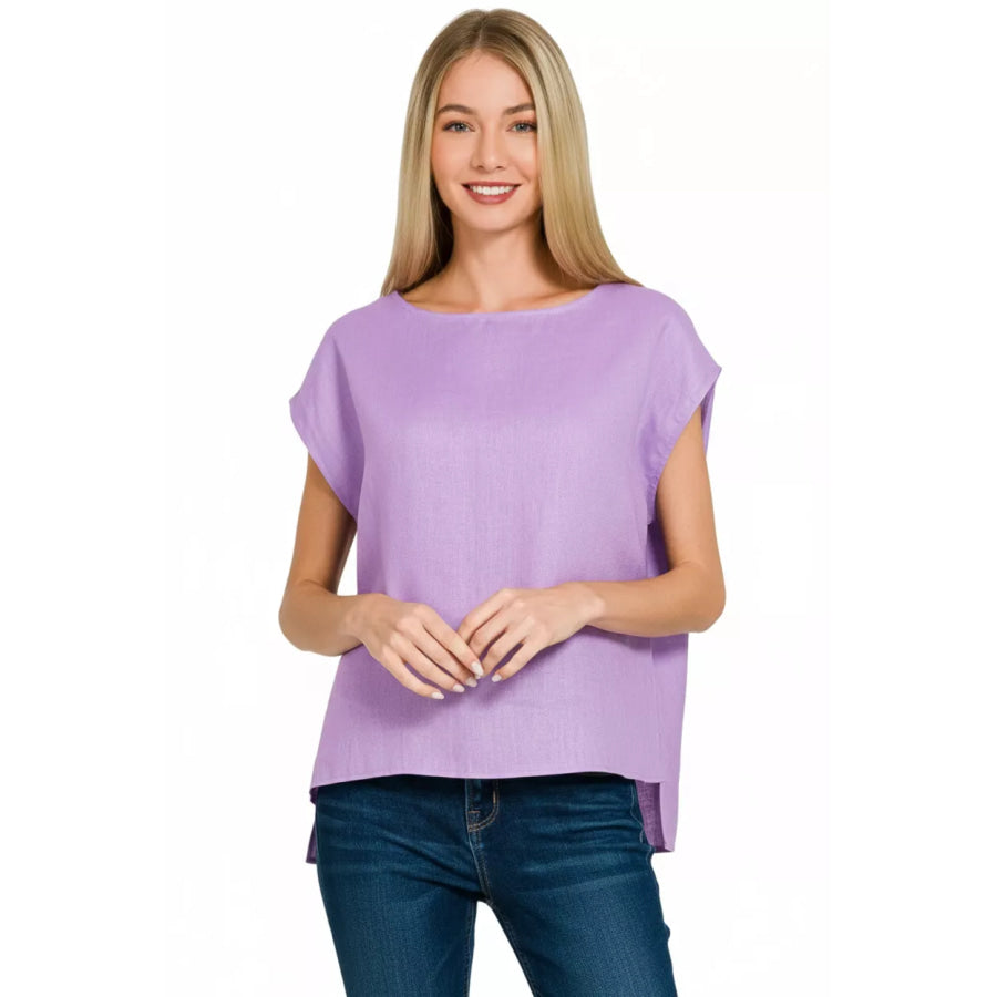Zenana Linen Round Neck Cap Sleeve Top Apparel and Accessories