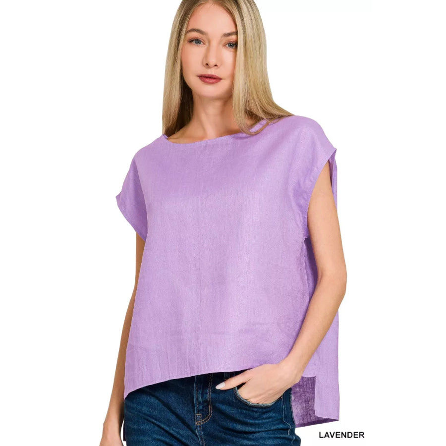 Zenana Linen Round Neck Cap Sleeve Top Apparel and Accessories