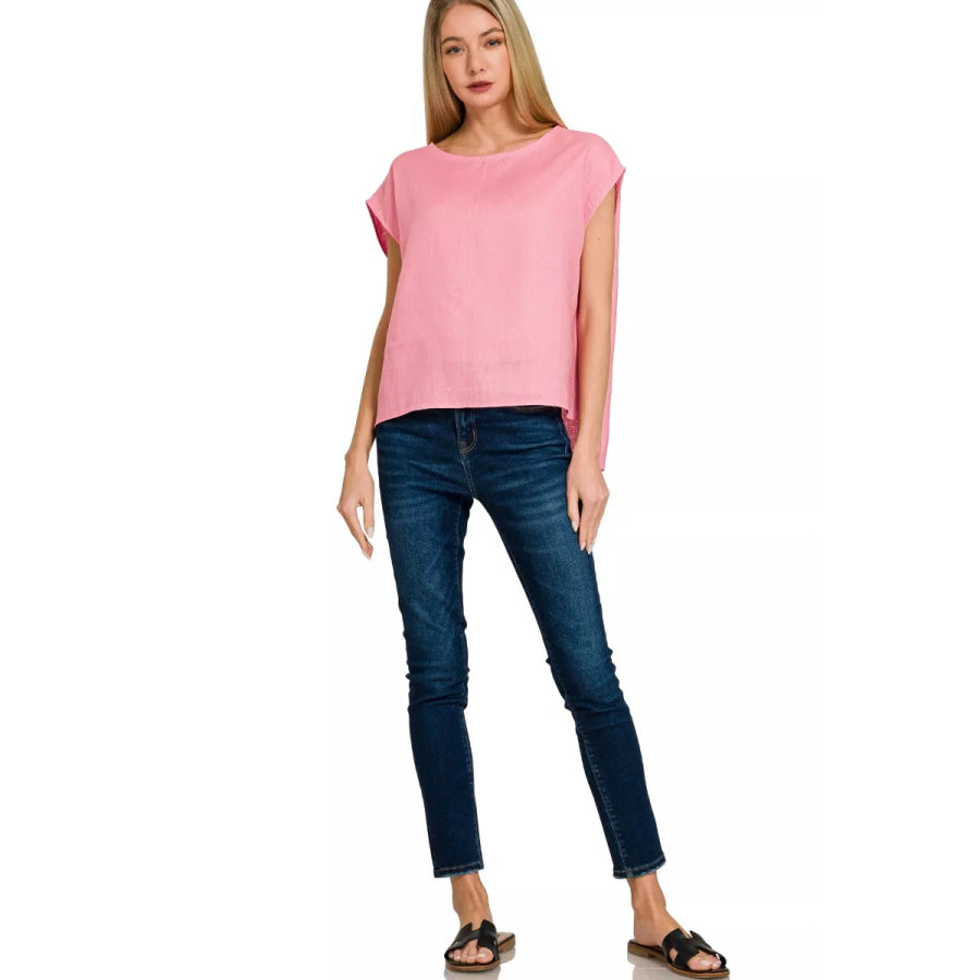 Zenana Linen Round Neck Cap Sleeve Top Apparel and Accessories