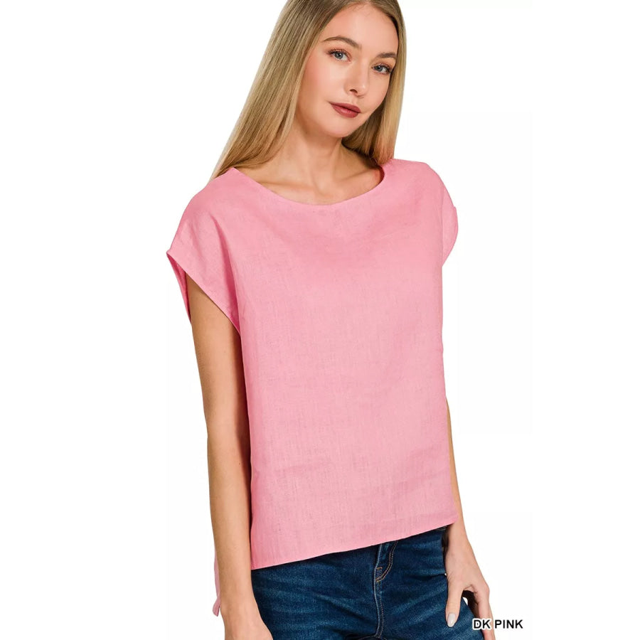 Zenana Linen Round Neck Cap Sleeve Top DK PINK / S Apparel and Accessories