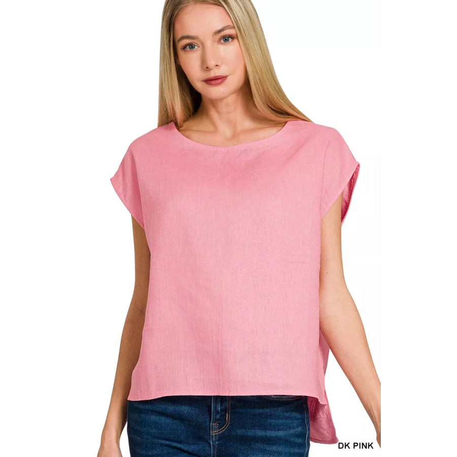 Zenana Linen Round Neck Cap Sleeve Top DK PINK / S Apparel and Accessories