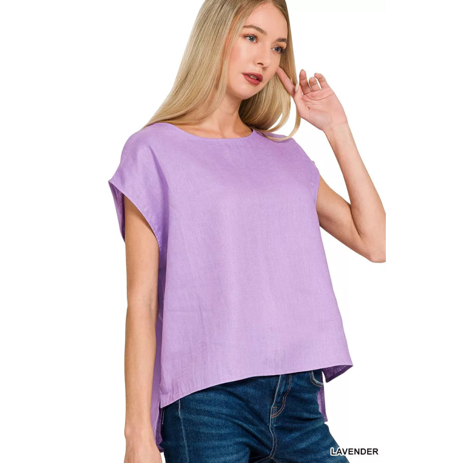 Zenana Linen Round Neck Cap Sleeve Top LAVENDER / S Apparel and Accessories