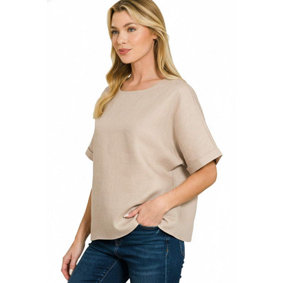 Zenana Linen Round Neck Cuffed Sleeve Top Apparel and Accessories