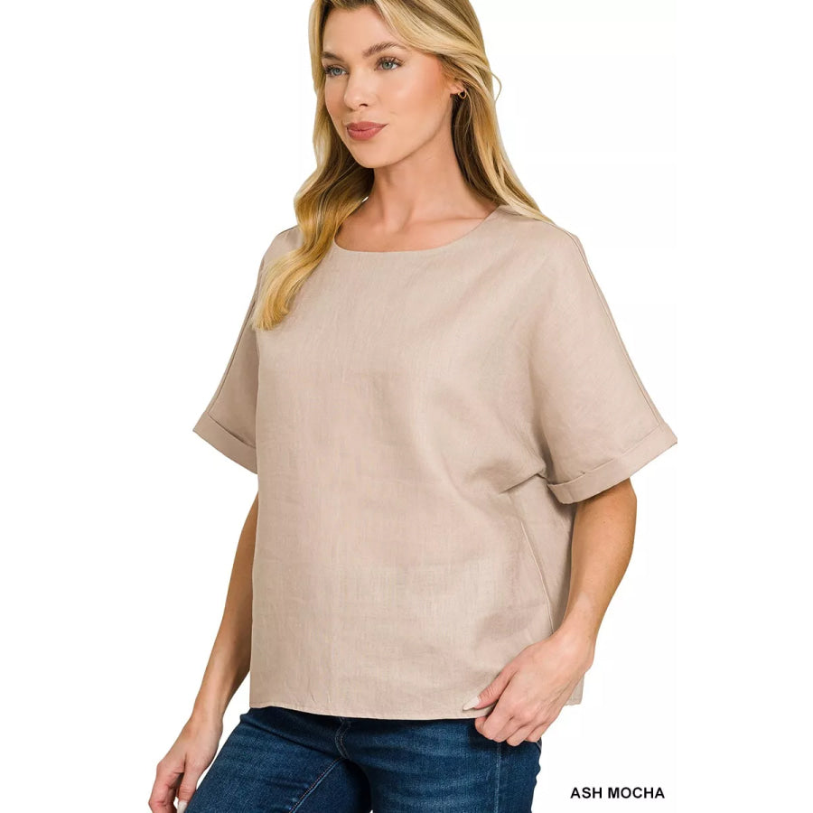Zenana Linen Round Neck Cuffed Sleeve Top ASH MOCHA / S Apparel and Accessories