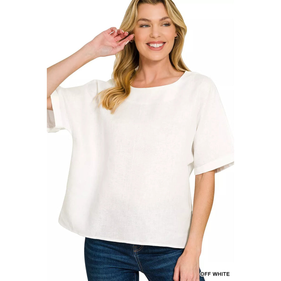 Zenana Linen Round Neck Cuffed Sleeve Top OFF WHITE / S Apparel and Accessories
