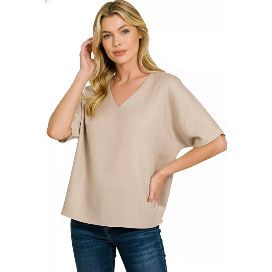Zenana Linen V-Neck Cuffed Sleeve Top Apparel and Accessories