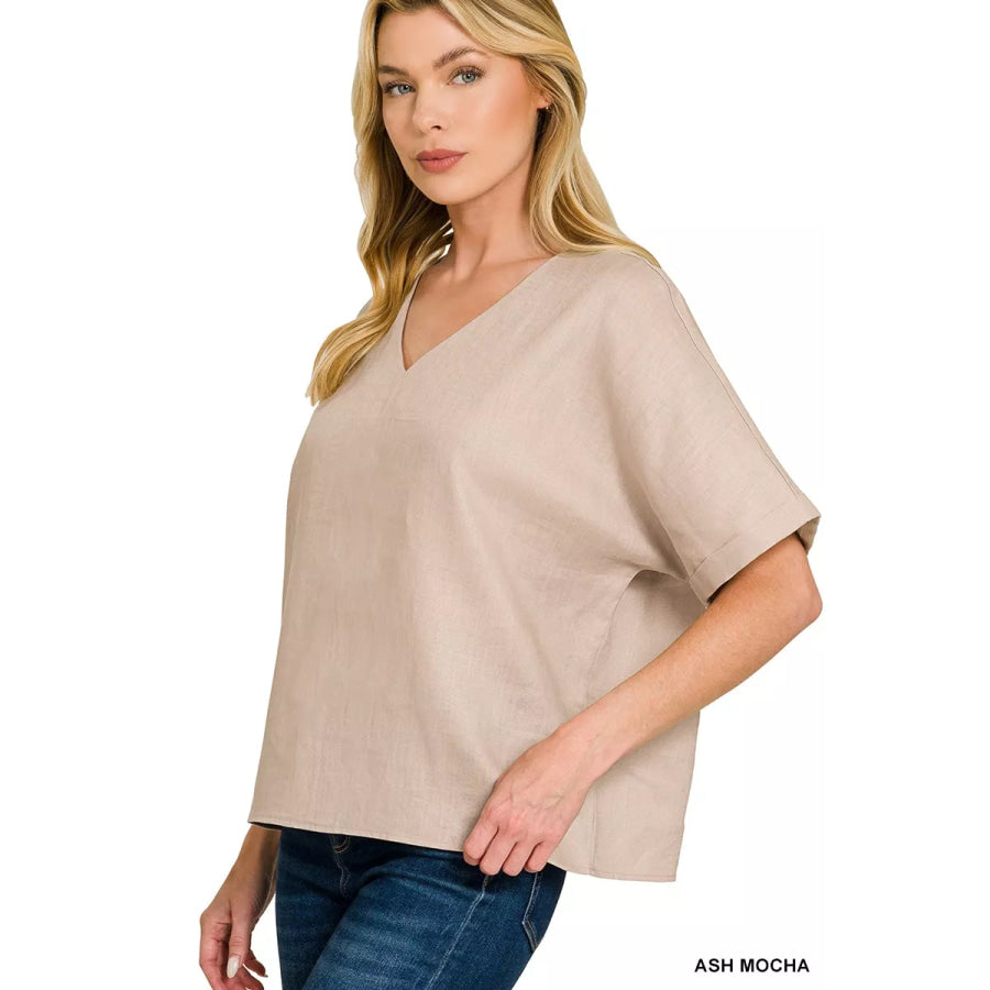 Zenana Linen V-Neck Cuffed Sleeve Top Apparel and Accessories