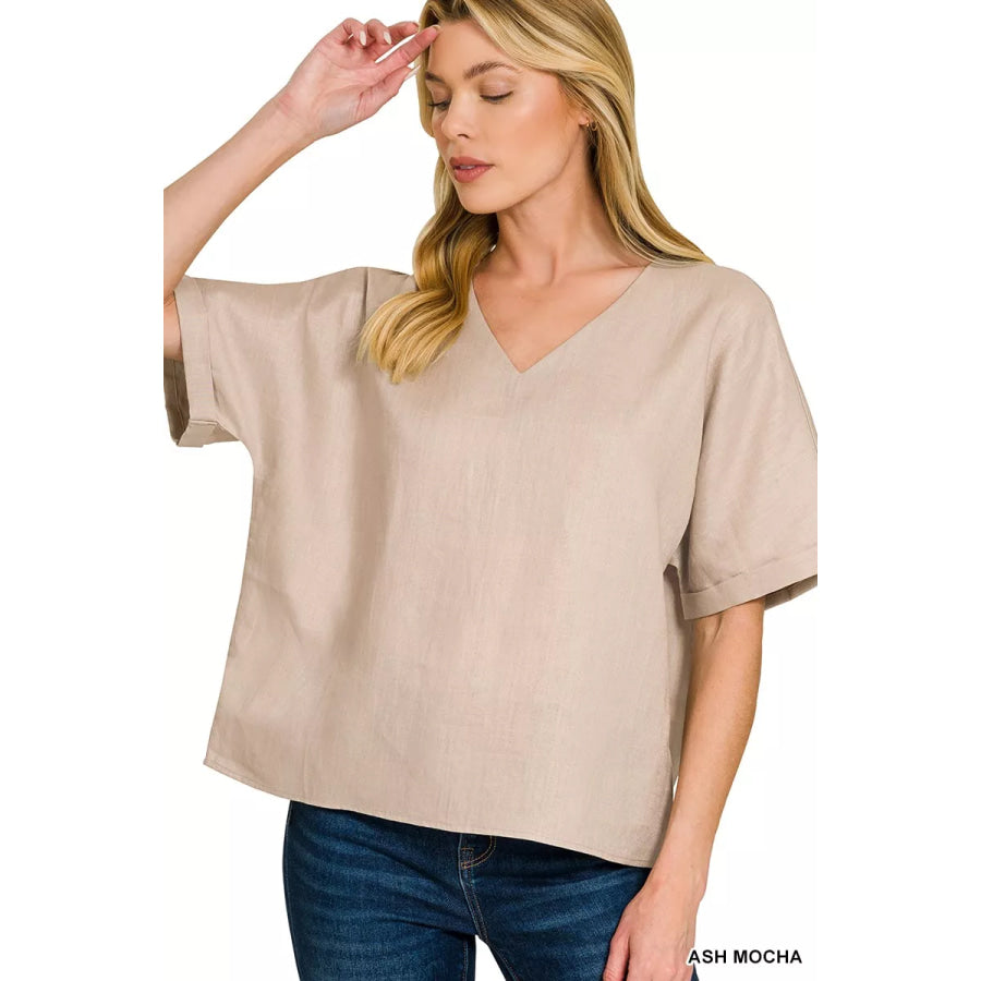 Zenana Linen V-Neck Cuffed Sleeve Top ASH MOCHA / S Apparel and Accessories