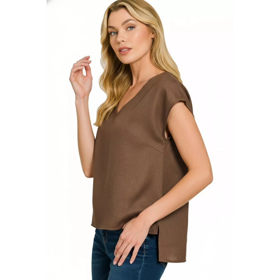 Zenana Linen V-Neck Sleeveless Top BROWN / S Apparel and Accessories