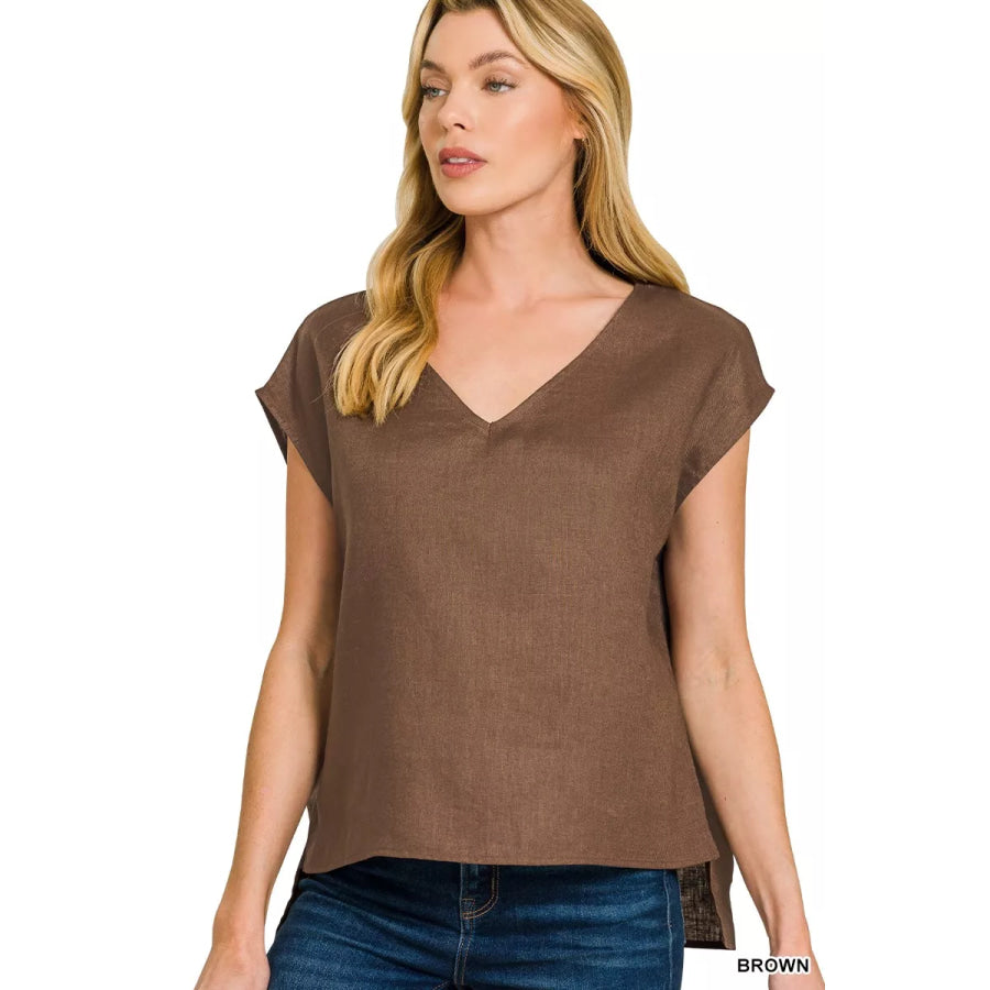 Zenana Linen V-Neck Sleeveless Top BROWN / S Apparel and Accessories