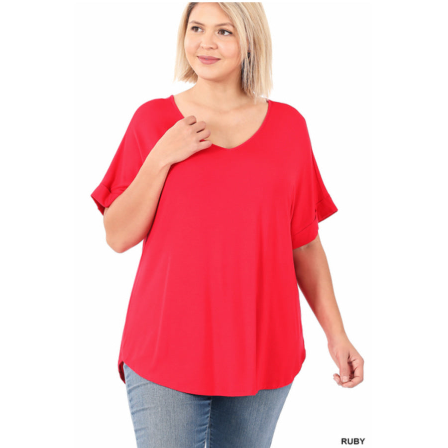 Zenana Luxe Rayon Short Cuff Sleeve V-Neck Round Hem Top - Ruby Tops