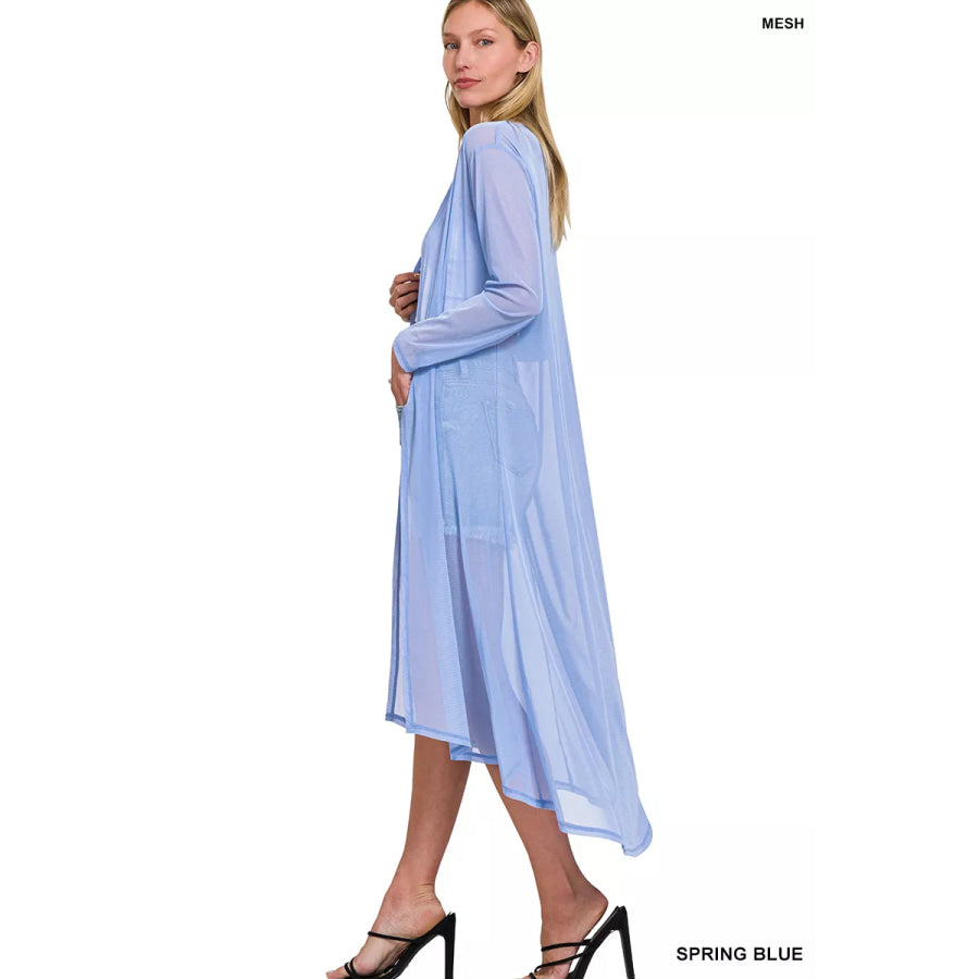 Zenana Mesh Open Front Cardigan SPRINGBLUE / S Apparel and Accessories