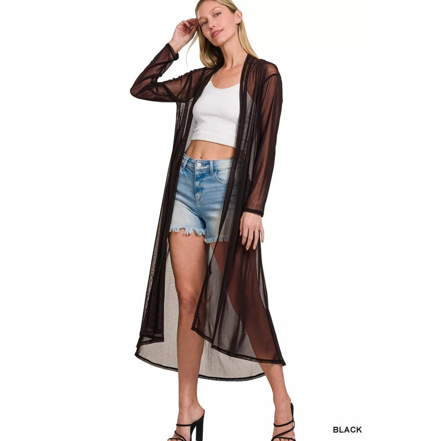 Zenana Mesh Open Front Cardigan BLACK / S Apparel and Accessories