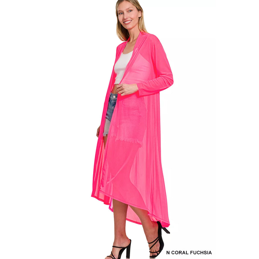 Zenana Mesh Open Front Cardigan NCORALFUCHSIA / S Apparel and Accessories