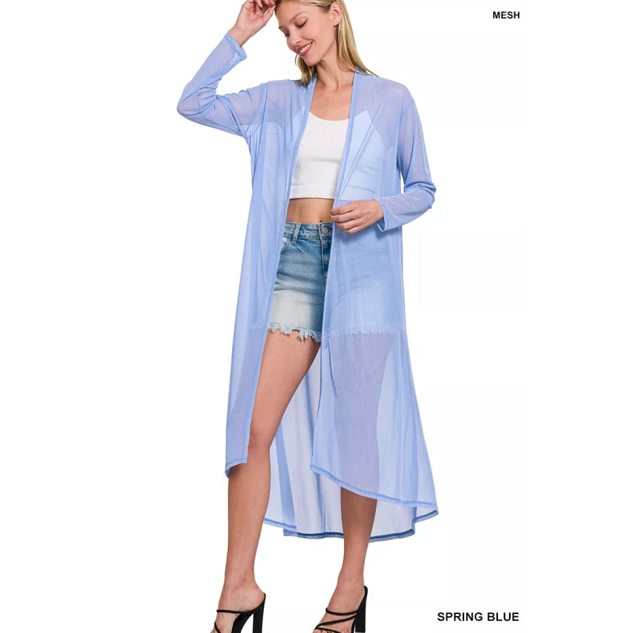 Zenana Mesh Open Front Cardigan SPRINGBLUE / S Apparel and Accessories