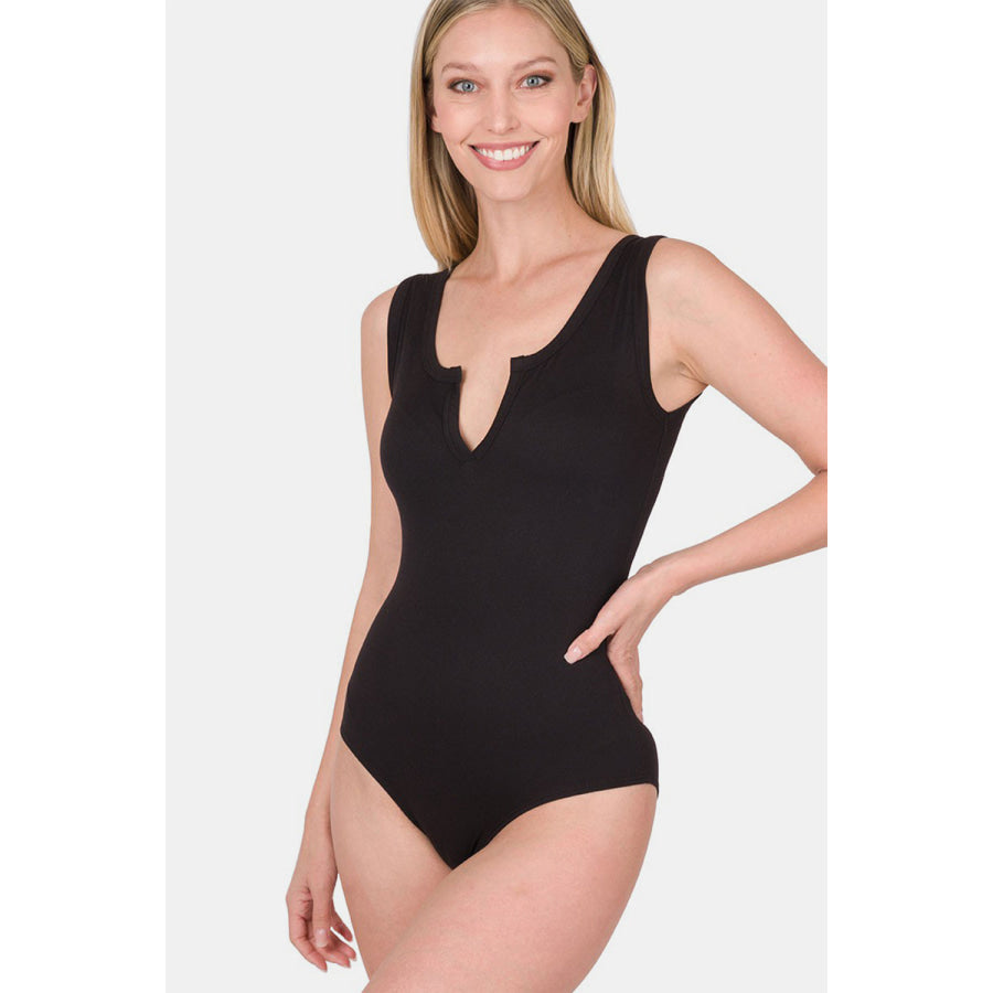 Zenana Microfiber Notched Sleeveless Bodysuit Apparel and Accessories