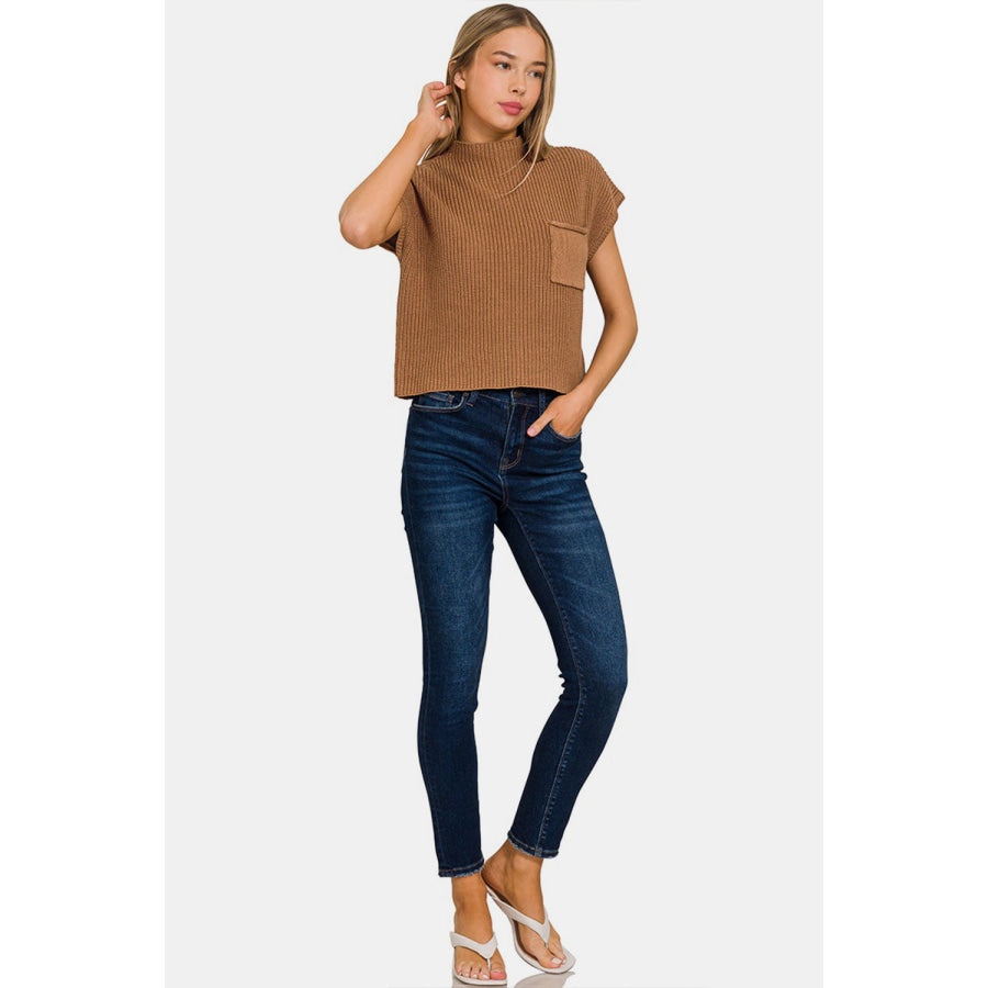 Zenana Mock Neck Short Sleeve Cropped Sweater Apparel and Accessories