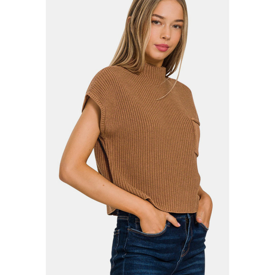 Zenana Mock Neck Short Sleeve Cropped Sweater DEEP CAMEL / S Apparel and Accessories