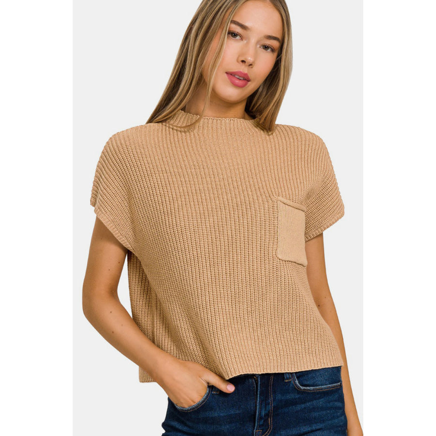 Zenana Mock Neck Short Sleeve Cropped Sweater Brush / S Apparel and Accessories