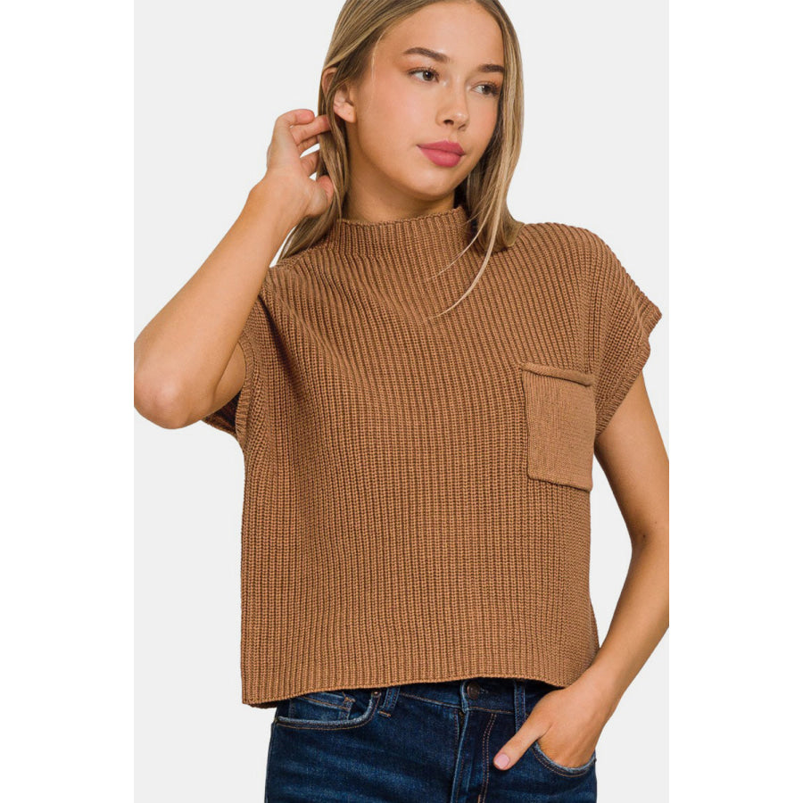 Zenana Mock Neck Short Sleeve Cropped Sweater DEEP CAMEL / S Apparel and Accessories