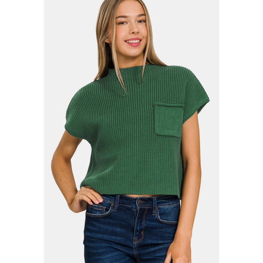 Zenana Mock Neck Short Sleeve Cropped Sweater DK GREEN / S Apparel and Accessories