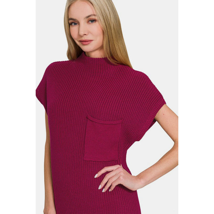 Zenana Mock Neck Short Sleeve Sweater Dress Cabernet / S Apparel and Accessories