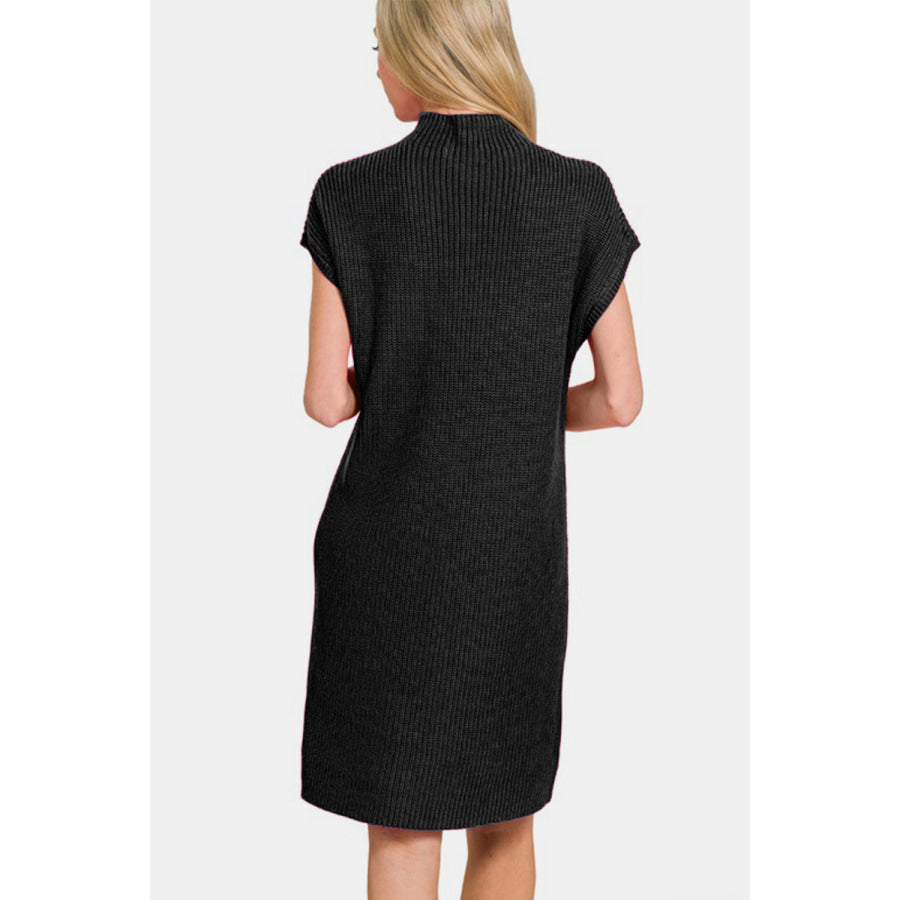 Zenana Mock Neck Short Sleeve Sweater Dress Black / S Apparel and Accessories