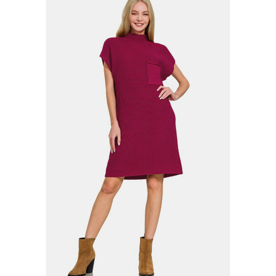 Zenana Mock Neck Short Sleeve Sweater Dress Apparel and Accessories