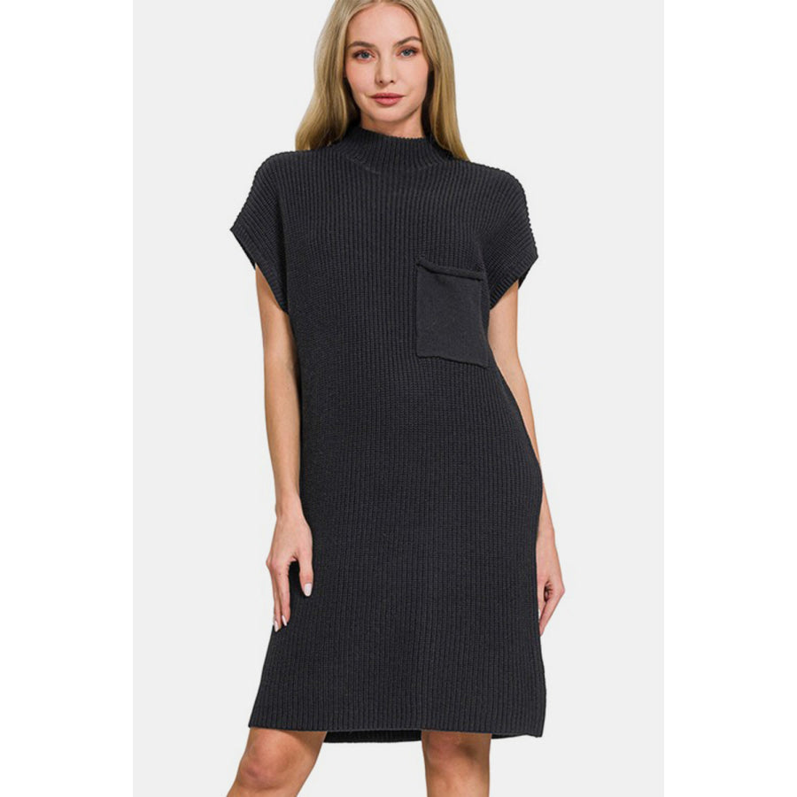 Zenana Mock Neck Short Sleeve Sweater Dress Black / S Apparel and Accessories