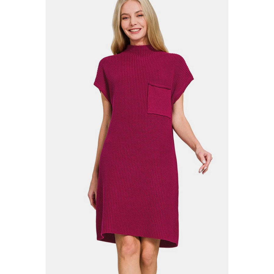 Zenana Mock Neck Short Sleeve Sweater Dress Cabernet / S Apparel and Accessories