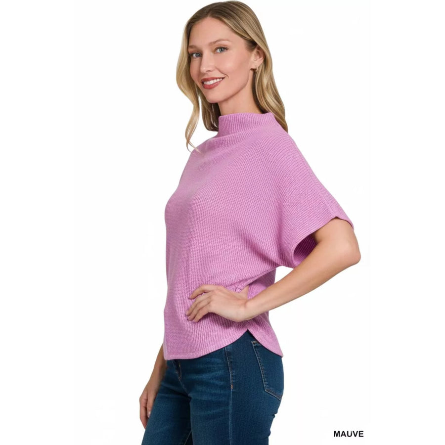 Zenana Mock Neck Sweater with Side Shirred MAUVE / S Apparel and Accessories