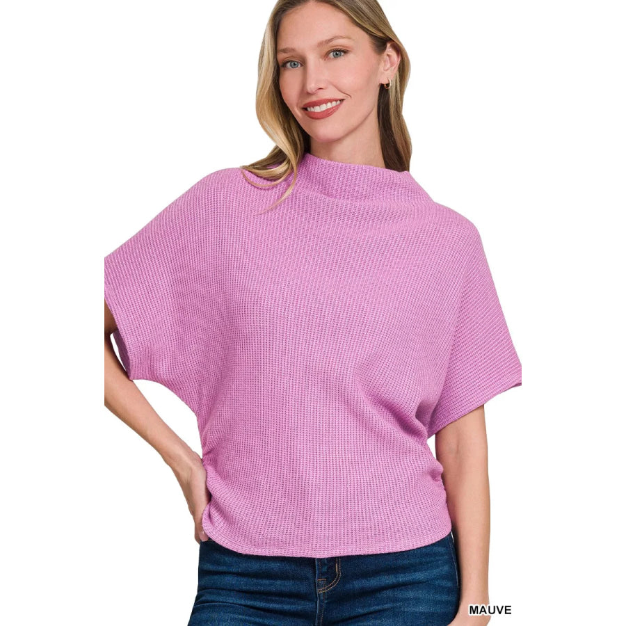 Zenana Mock Neck Sweater with Side Shirred MAUVE / S Apparel and Accessories