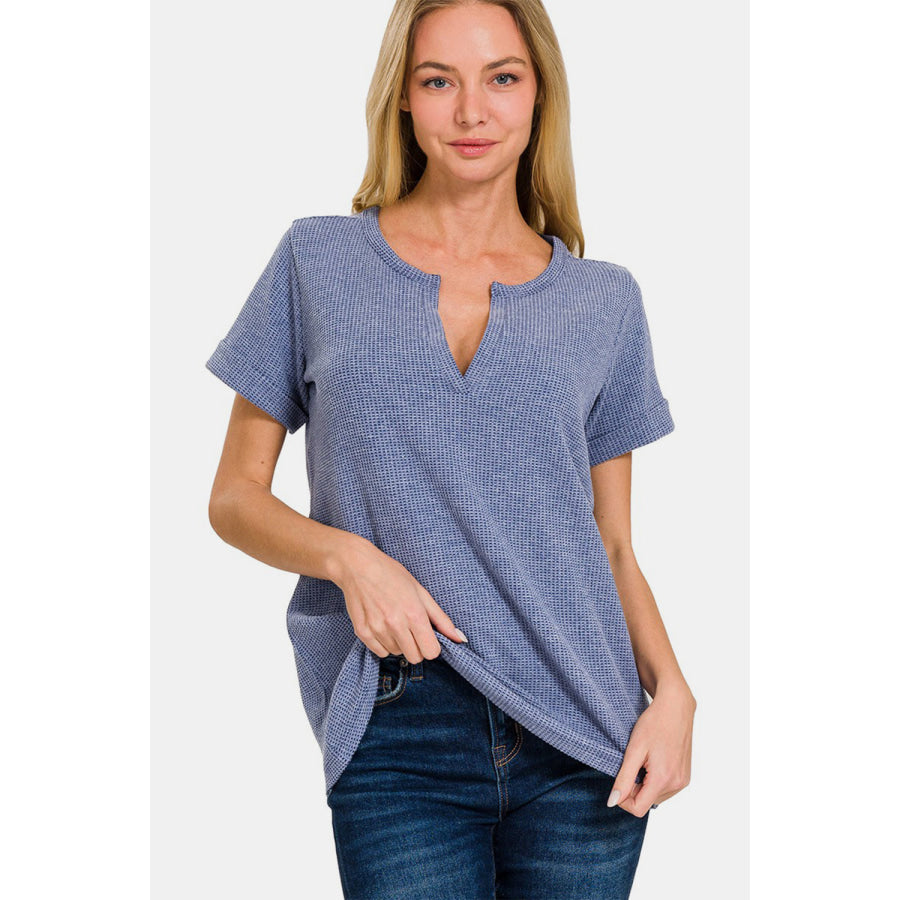 Zenana Notched Short Sleeve Waffle T - Shirt Apparel and Accessories