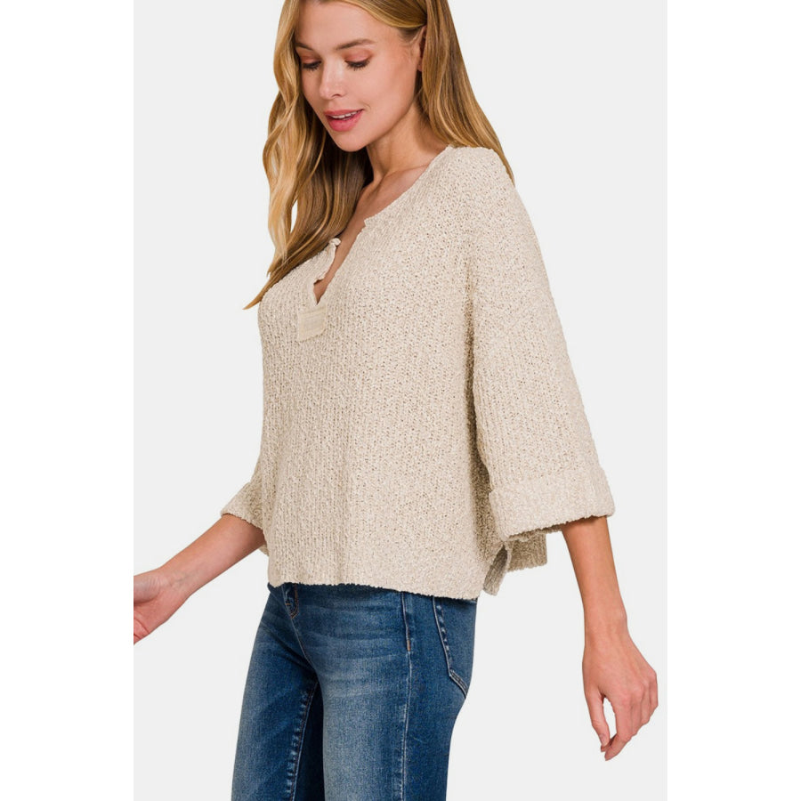 Zenana Notched Side Slit Patch Sweater Apparel and Accessories