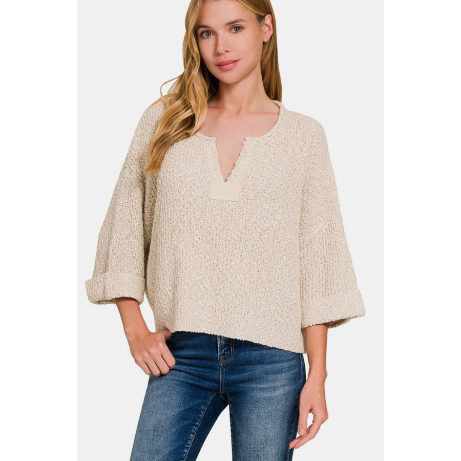 Zenana Notched Side Slit Patch Sweater H Sand Beige / S/M Apparel and Accessories