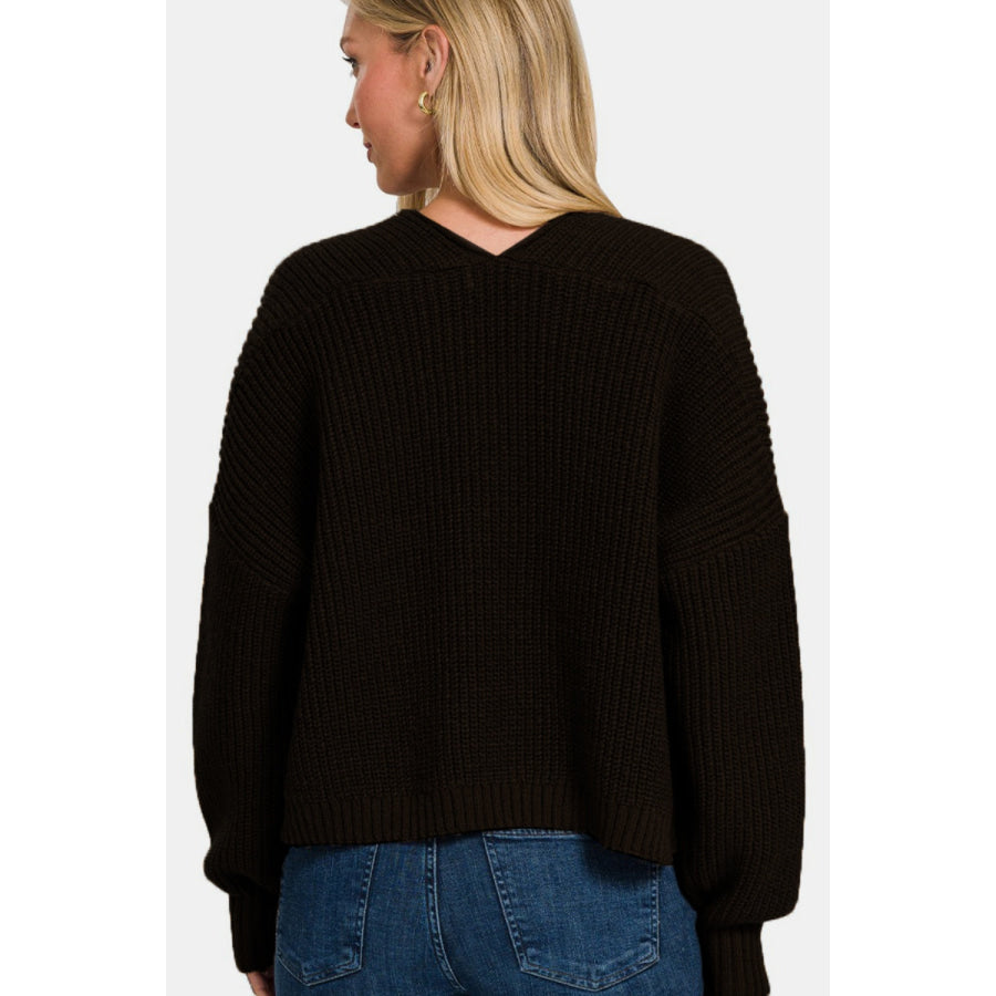 Zenana Open Front Drop Shoulder Sweater Cardigan Black / S Apparel and Accessories