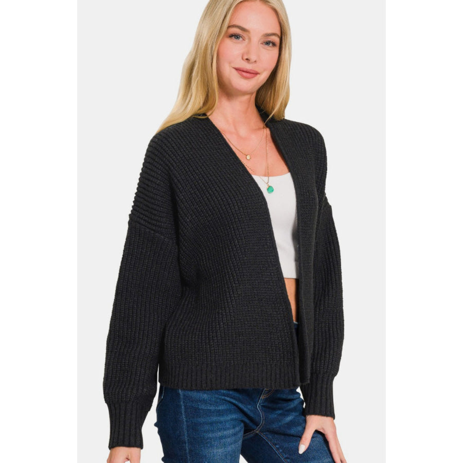 Zenana Open Front Drop Shoulder Sweater Cardigan Black / S Apparel and Accessories