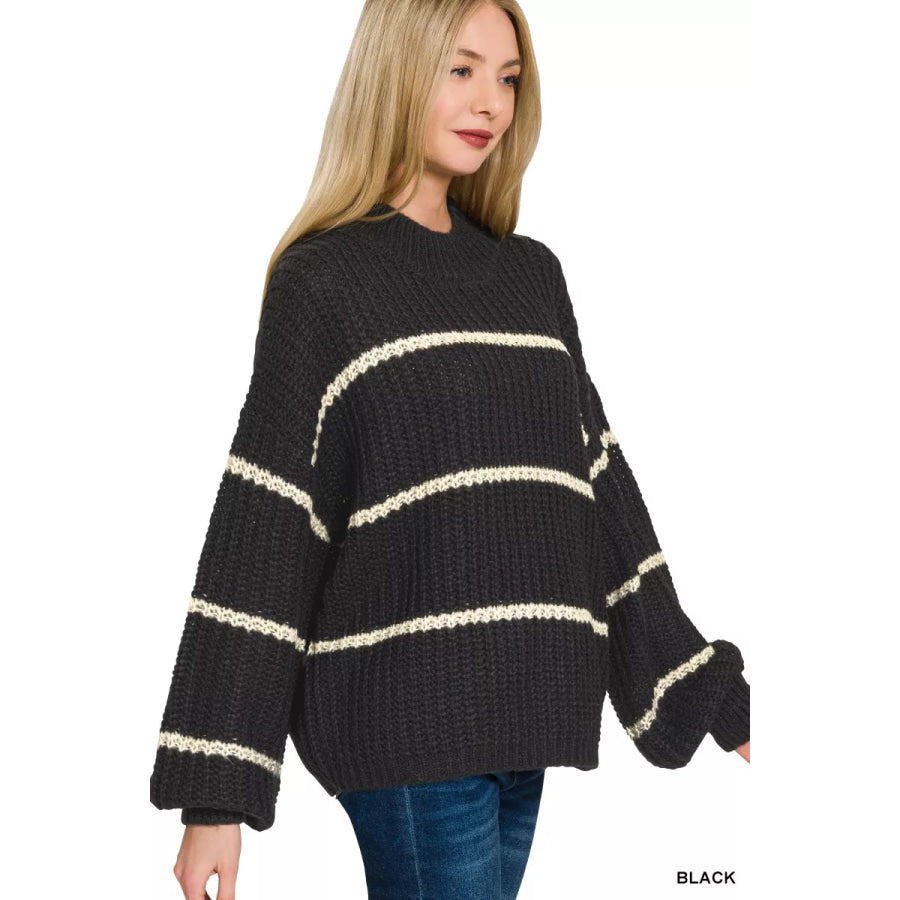 Zenana Oversize Striped Sweater BLACK / S Apparel and Accessories
