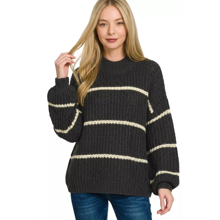 Zenana Oversize Striped Sweater Apparel and Accessories