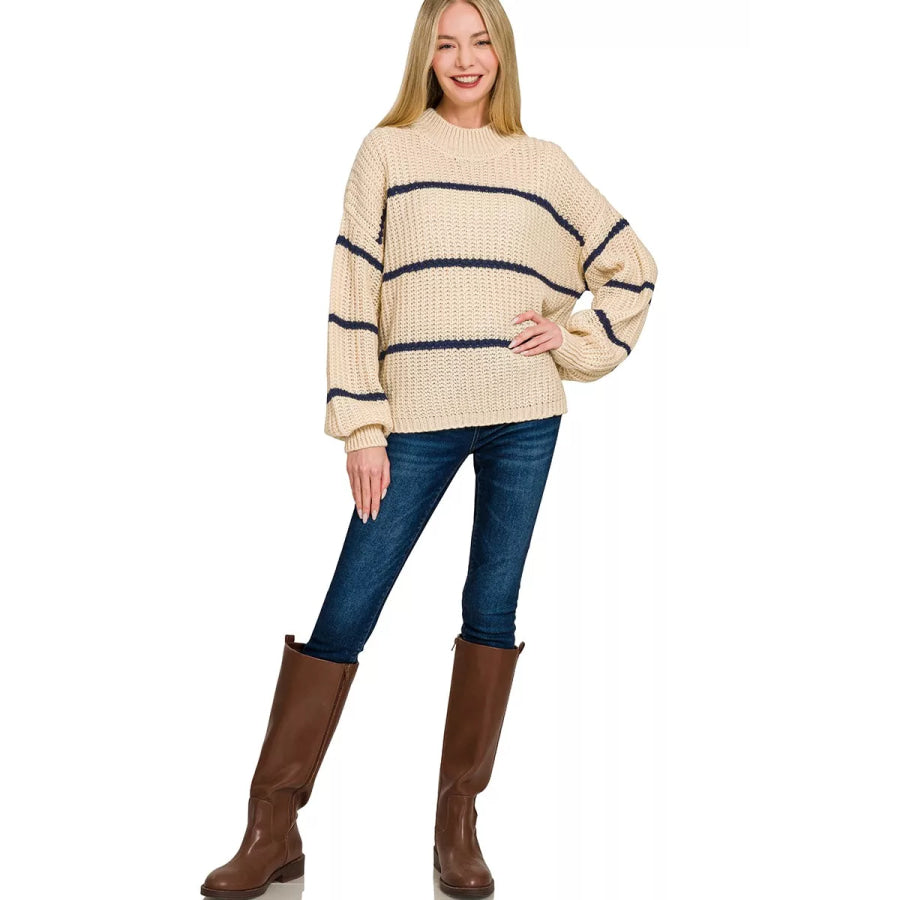 Zenana Oversize Striped Sweater Apparel and Accessories
