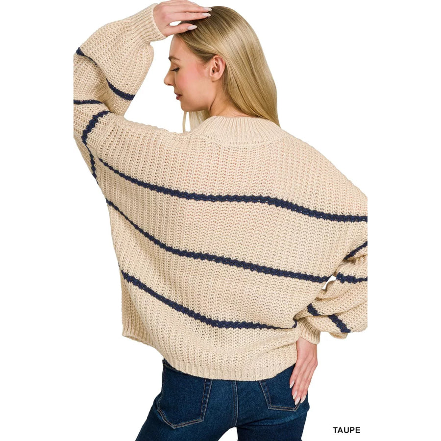 Zenana Oversize Striped Sweater TAUPE / S Apparel and Accessories
